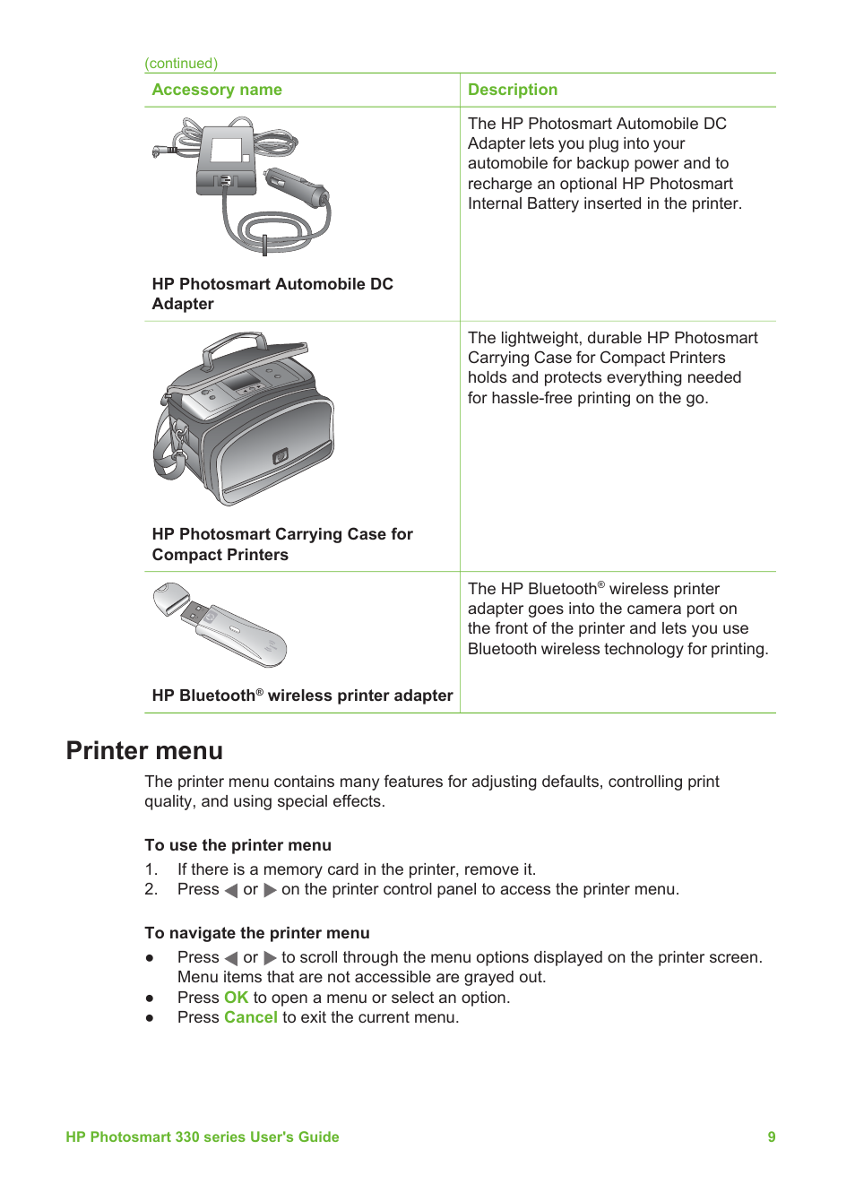 Printer menu | HP Photosmart 335 Compact Photo Printer User Manual | Page 15 / 69