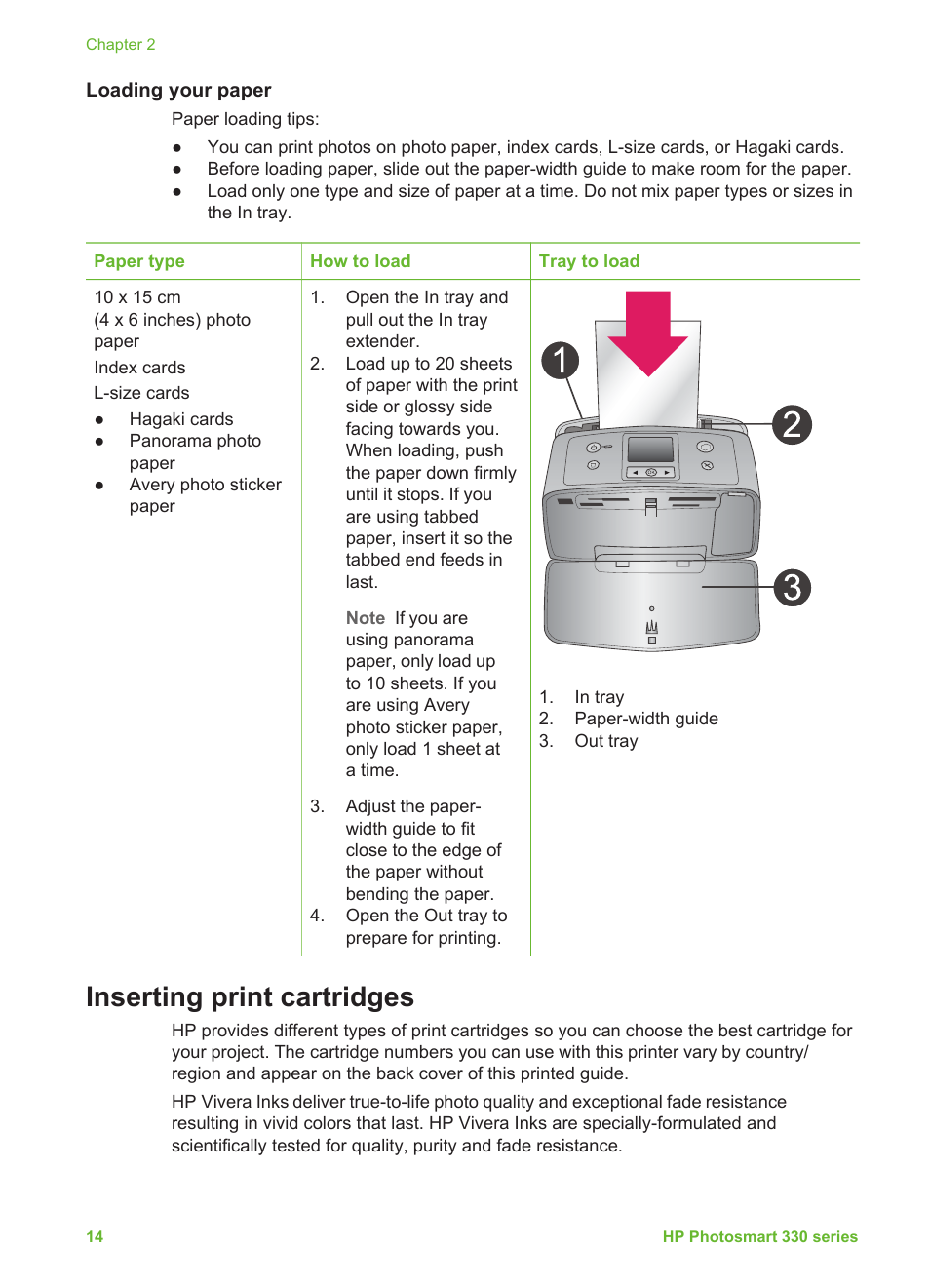 Loading your paper, Inserting print cartridges, Inserting print | Cartridges, Inserting print cartridges (see | HP Photosmart 335 Compact Photo Printer User Manual | Page 20 / 69