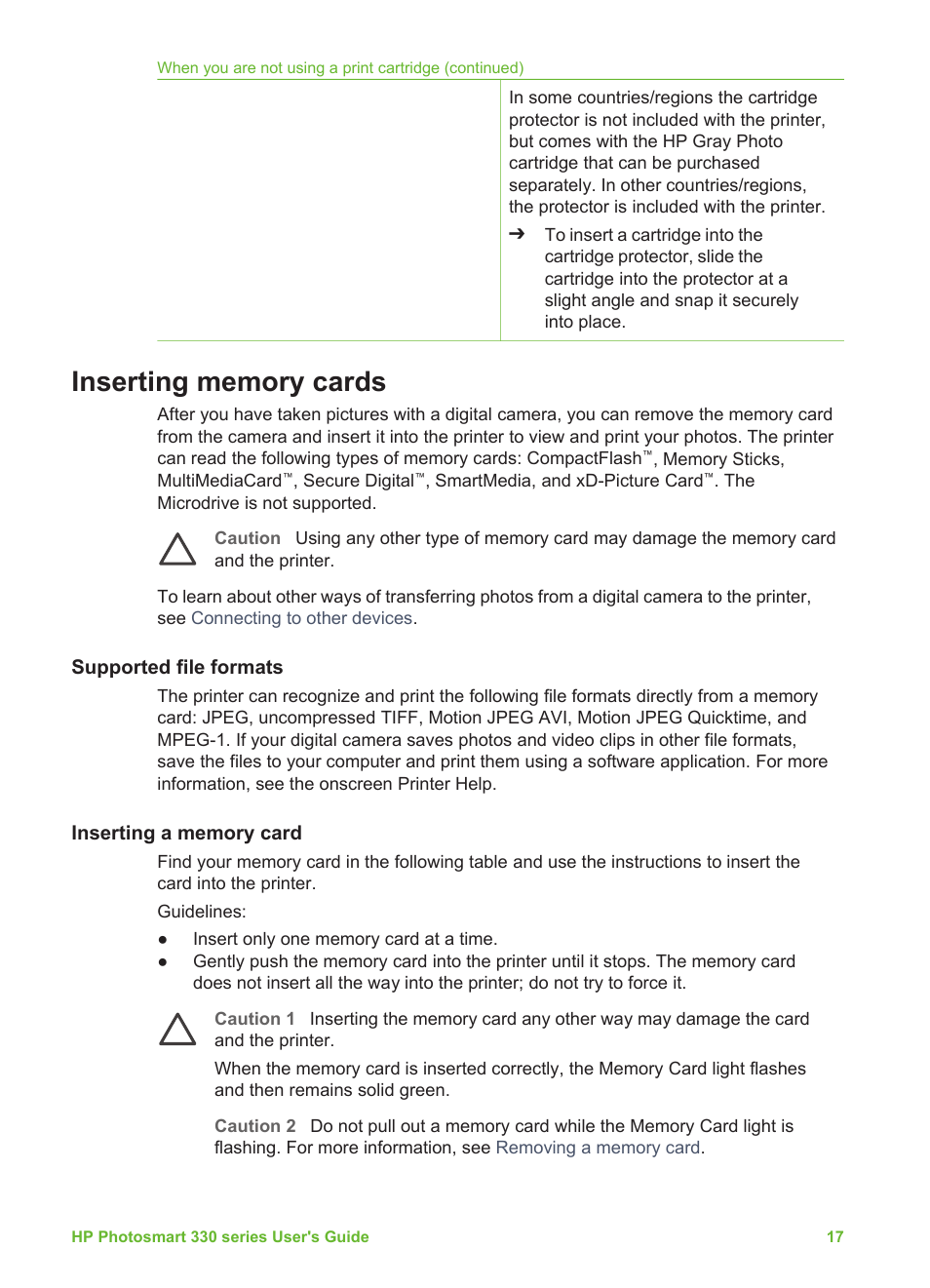 Inserting memory cards, Supported file formats, Inserting a memory card | HP Photosmart 335 Compact Photo Printer User Manual | Page 23 / 69