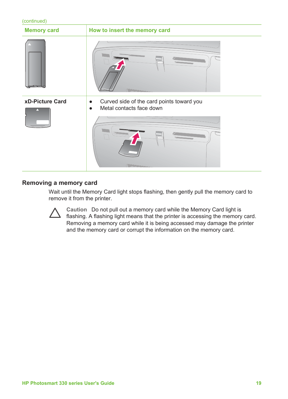 Removing a memory card | HP Photosmart 335 Compact Photo Printer User Manual | Page 25 / 69