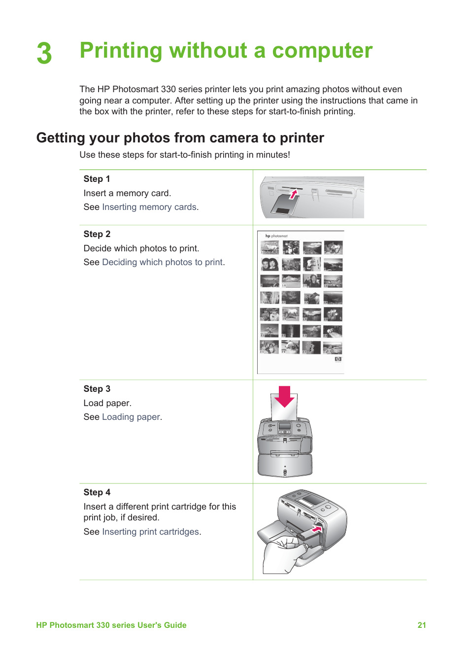 Printing without a computer, Getting your photos from camera to printer | HP Photosmart 335 Compact Photo Printer User Manual | Page 27 / 69