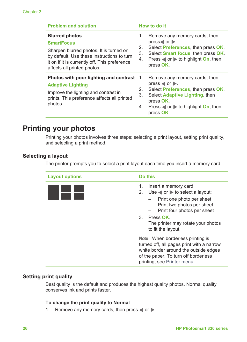 Printing your photos, Selecting a layout, Setting print quality | Photos. see, Selecting a, Layout | HP Photosmart 335 Compact Photo Printer User Manual | Page 32 / 69