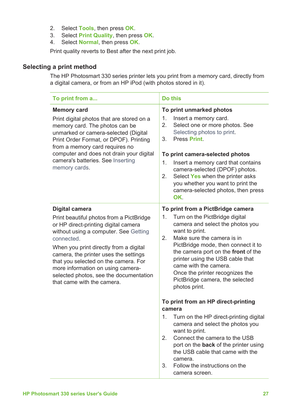 Selecting a print method | HP Photosmart 335 Compact Photo Printer User Manual | Page 33 / 69