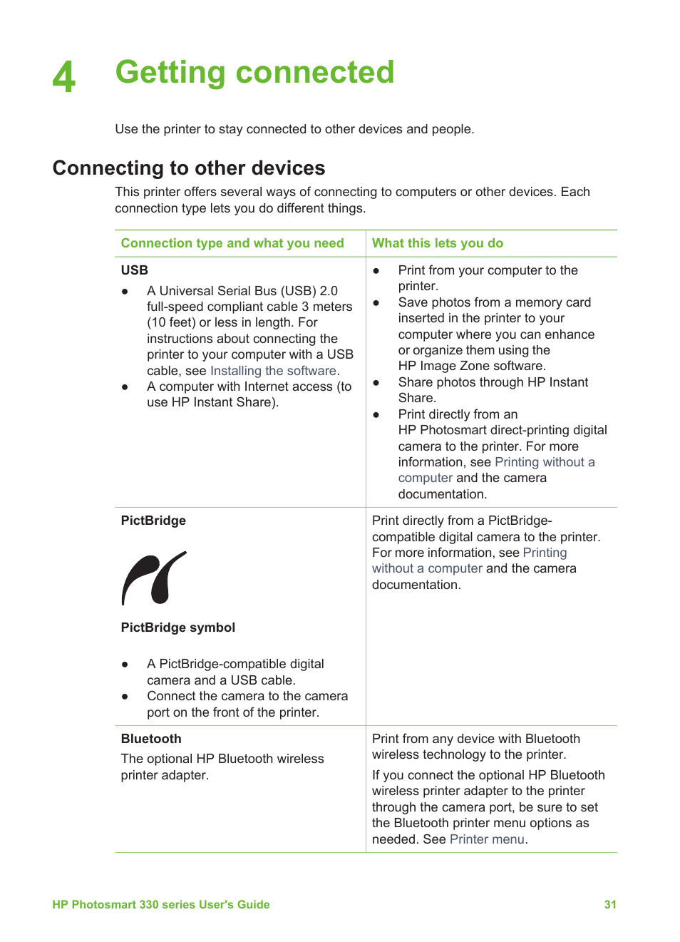 Getting connected, Connecting to other devices, Getting | Connected | HP Photosmart 335 Compact Photo Printer User Manual | Page 37 / 69