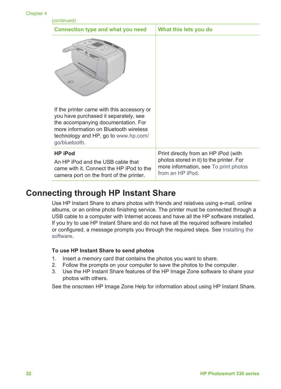 Connecting through hp instant share | HP Photosmart 335 Compact Photo Printer User Manual | Page 38 / 69