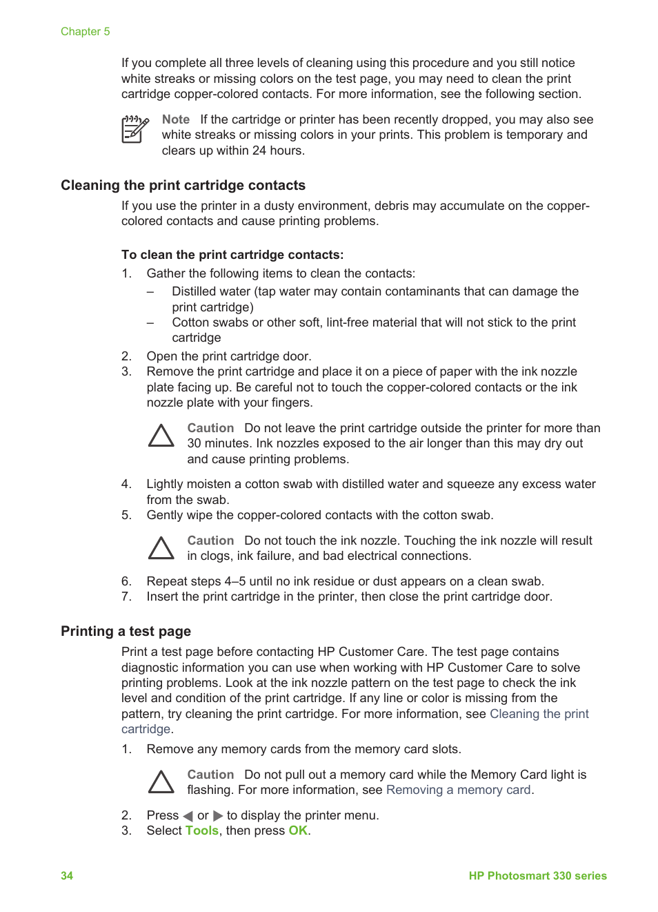 Cleaning the print cartridge contacts | HP Photosmart 335 Compact Photo Printer User Manual | Page 40 / 69