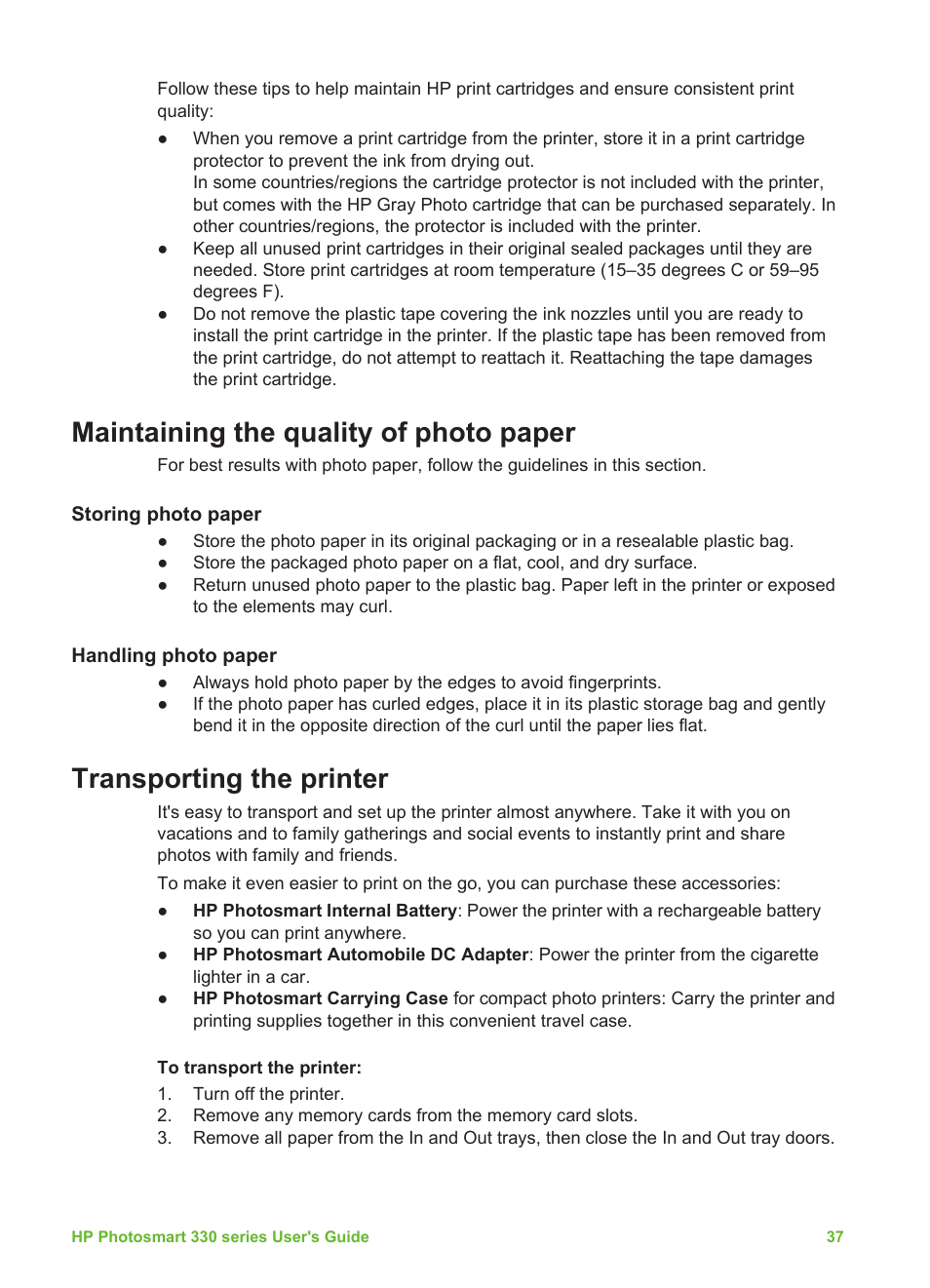Maintaining the quality of photo paper, Storing photo paper, Handling photo paper | Transporting the printer, Storing photo paper handling photo paper | HP Photosmart 335 Compact Photo Printer User Manual | Page 43 / 69