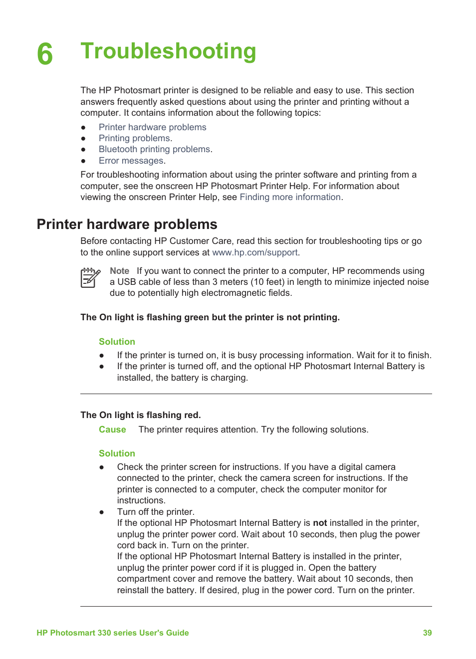 Troubleshooting, Printer hardware problems | HP Photosmart 335 Compact Photo Printer User Manual | Page 45 / 69