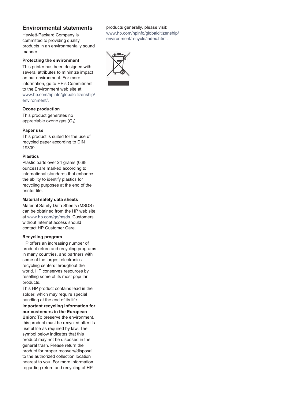 Environmental statements | HP Photosmart 335 Compact Photo Printer User Manual | Page 5 / 69
