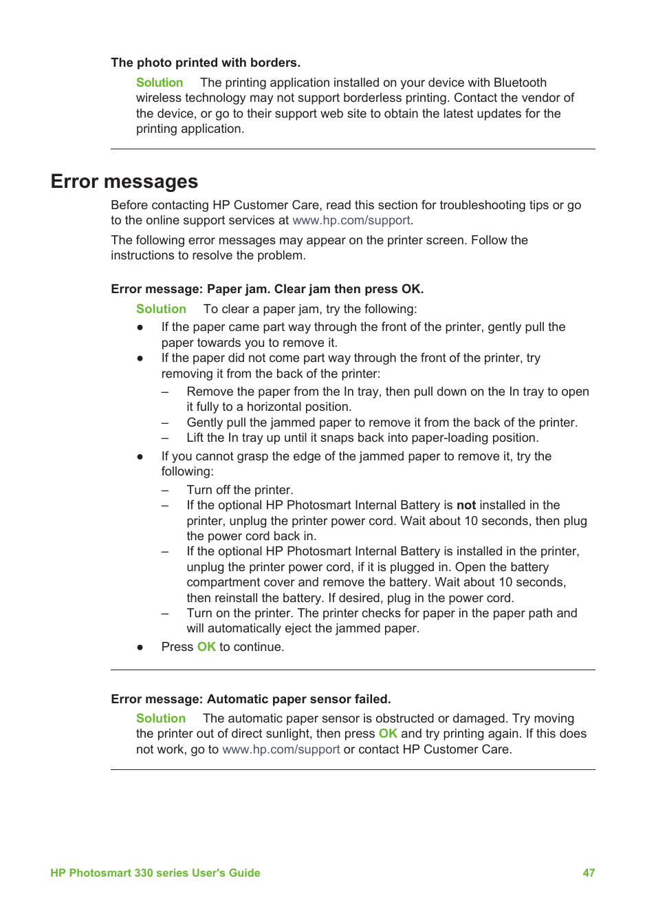 Error messages | HP Photosmart 335 Compact Photo Printer User Manual | Page 53 / 69