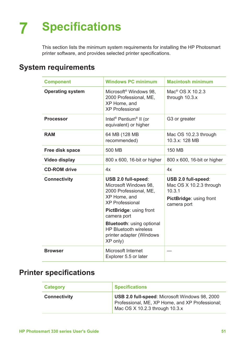 Specifications, System requirements, Printer specifications | System requirements printer specifications | HP Photosmart 335 Compact Photo Printer User Manual | Page 57 / 69