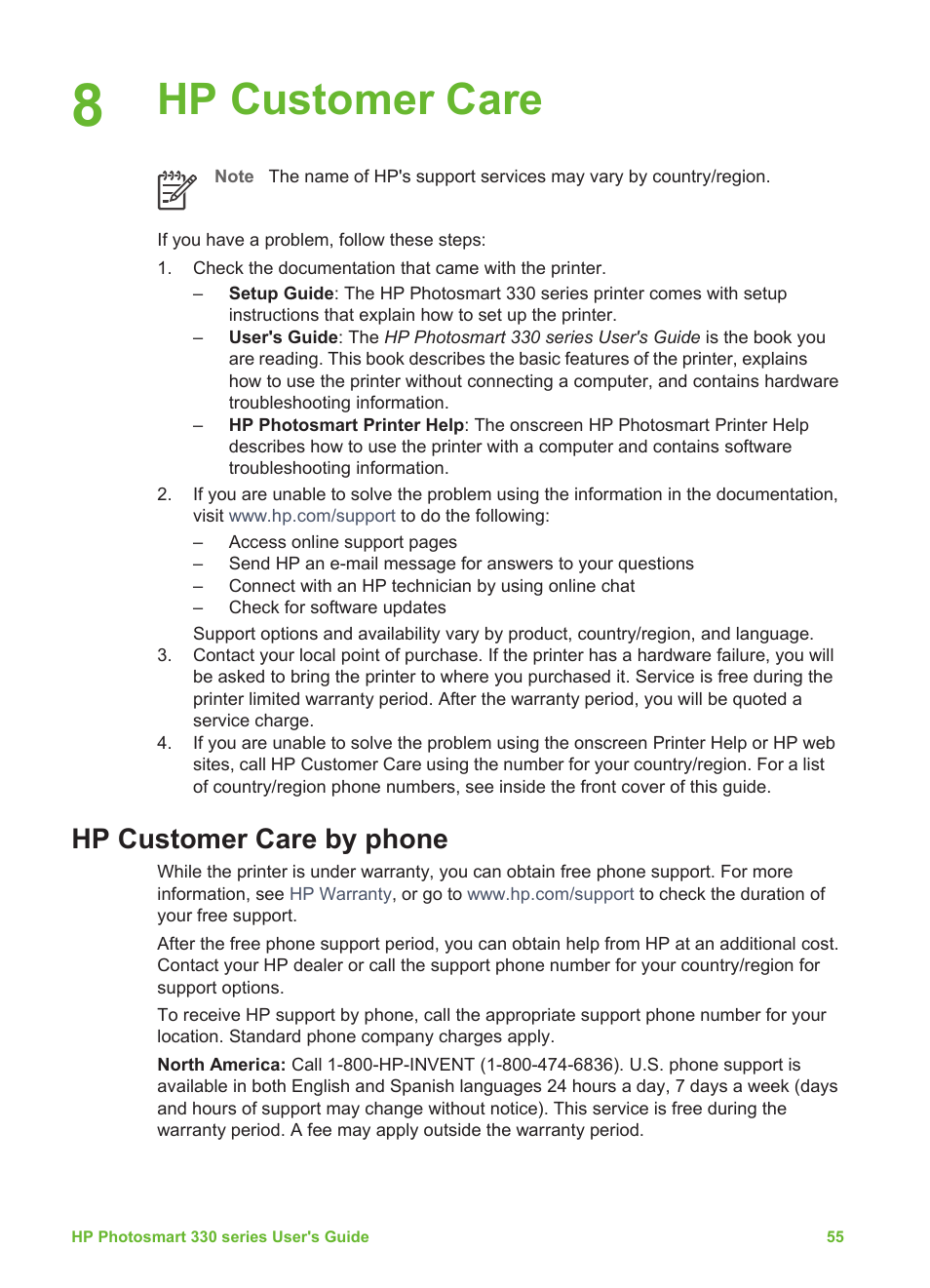 Hp customer care, Hp customer care by phone, Placing a call | HP Photosmart 335 Compact Photo Printer User Manual | Page 61 / 69