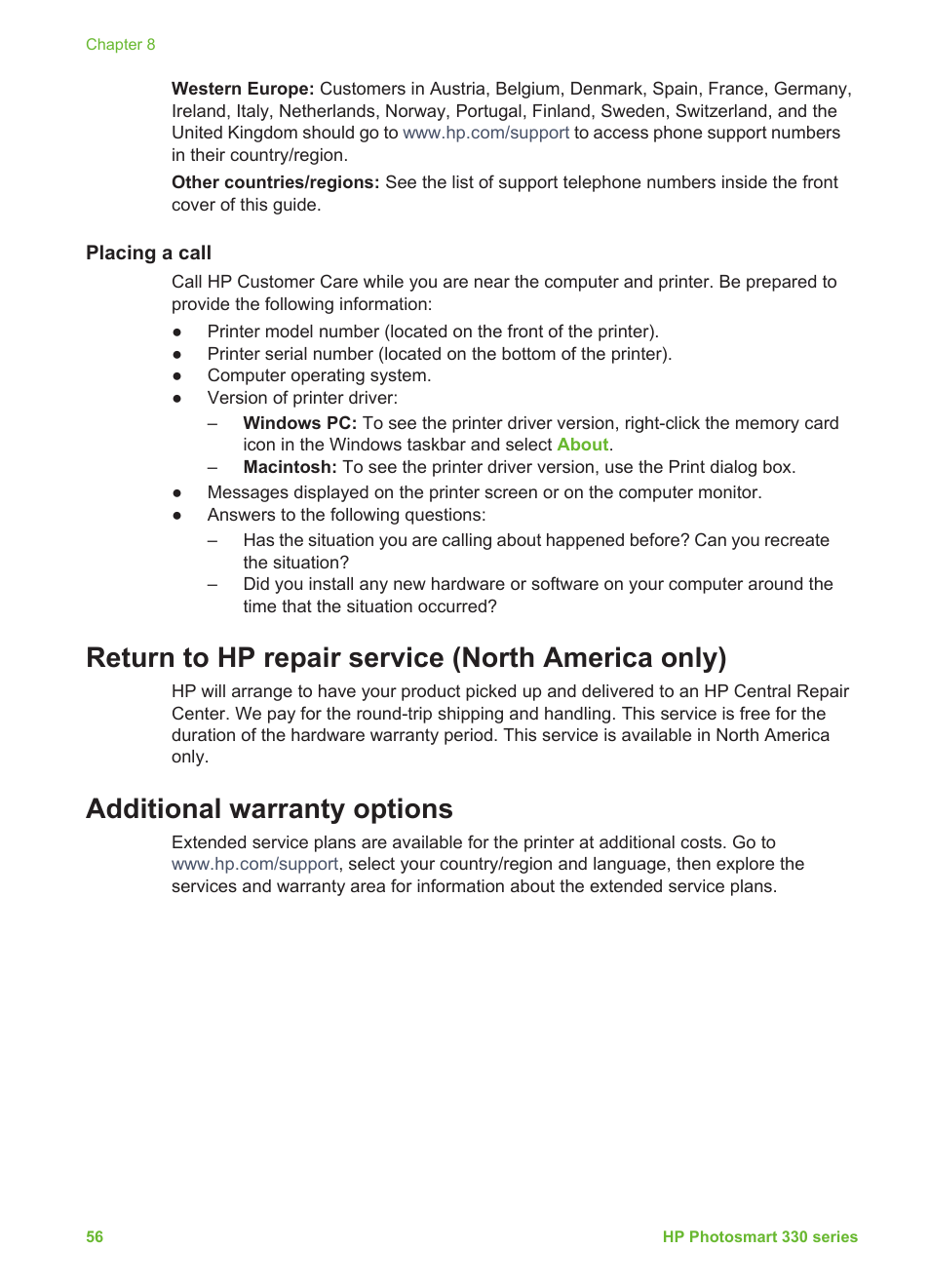 Placing a call, Return to hp repair service (north america only), Additional warranty options | HP Photosmart 335 Compact Photo Printer User Manual | Page 62 / 69