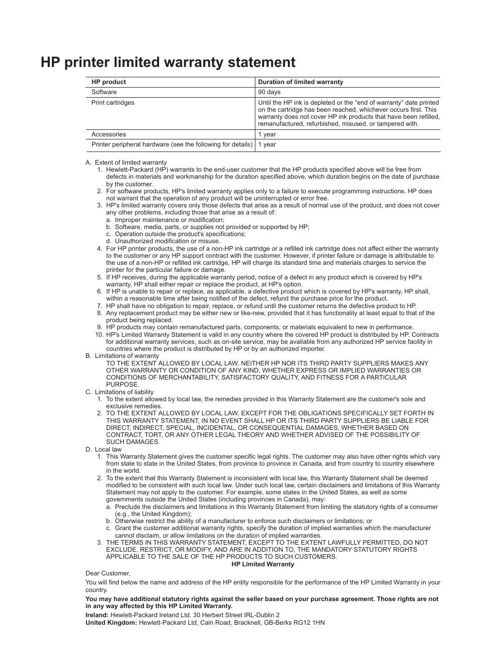 Hp warranty, Hp printer limited warranty statement | HP Photosmart 335 Compact Photo Printer User Manual | Page 65 / 69