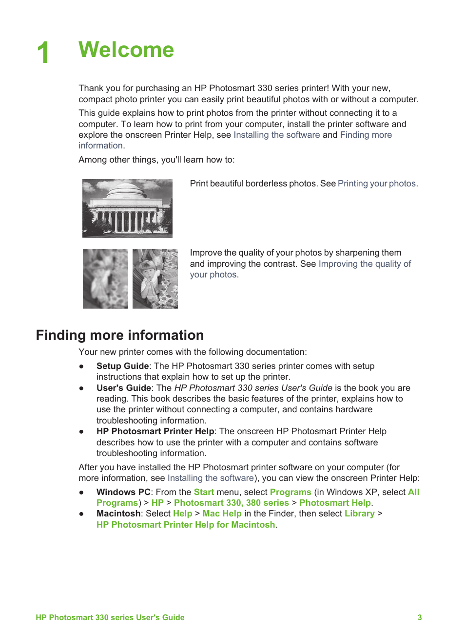 Welcome, Finding more information | HP Photosmart 335 Compact Photo Printer User Manual | Page 9 / 69