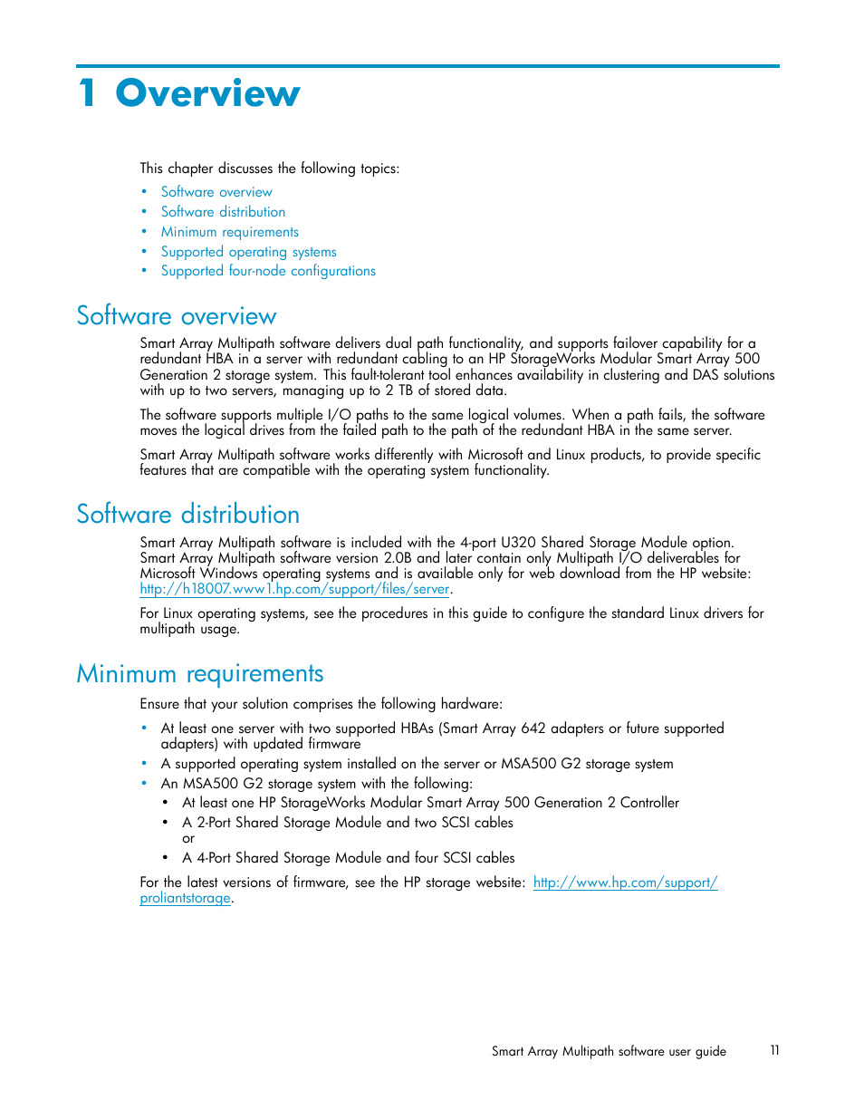 1 overview, Software overview, Software distribution | Minimum requirements | HP StorageWorks 500 G2 Modular Smart Array User Manual | Page 11 / 35