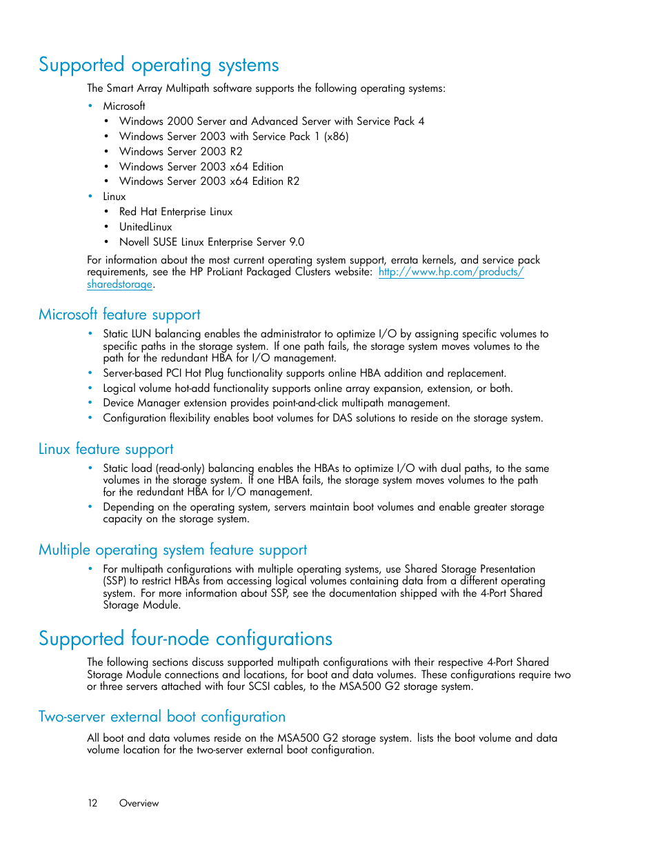 Supported operating systems, Microsoft feature support, Linux feature support | Multiple operating system feature support, Supported four-node configurations, Two-server external boot configuration | HP StorageWorks 500 G2 Modular Smart Array User Manual | Page 12 / 35