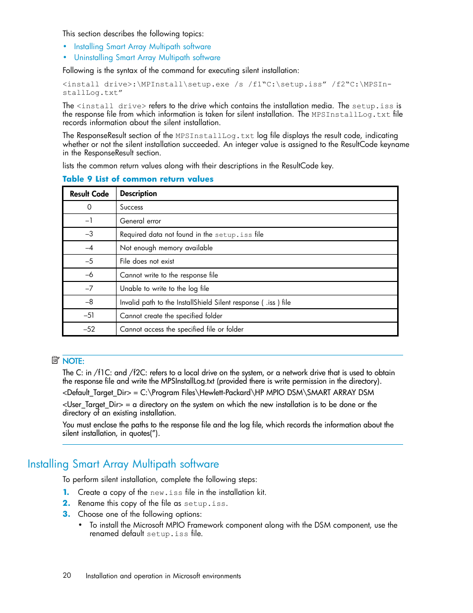 Installing smart array multipath software, 9 list of common return values | HP StorageWorks 500 G2 Modular Smart Array User Manual | Page 20 / 35