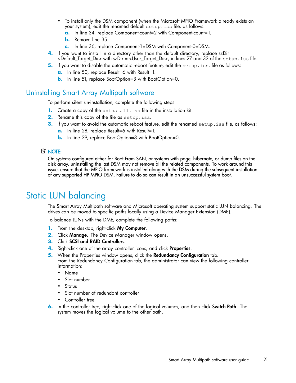 Uninstalling smart array multipath software, Static lun balancing | HP StorageWorks 500 G2 Modular Smart Array User Manual | Page 21 / 35