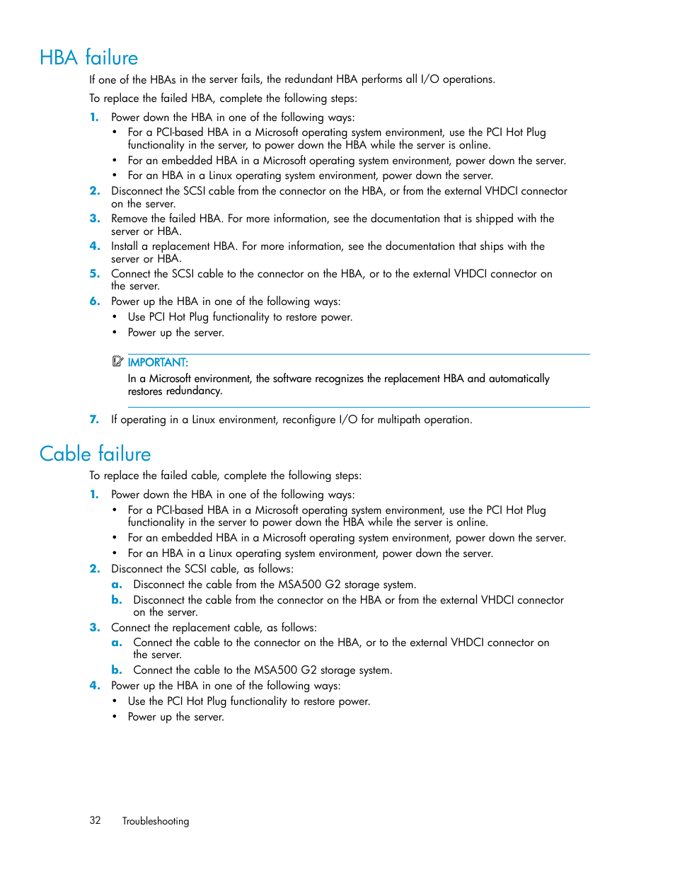 Hba failure, Cable failure | HP StorageWorks 500 G2 Modular Smart Array User Manual | Page 32 / 35