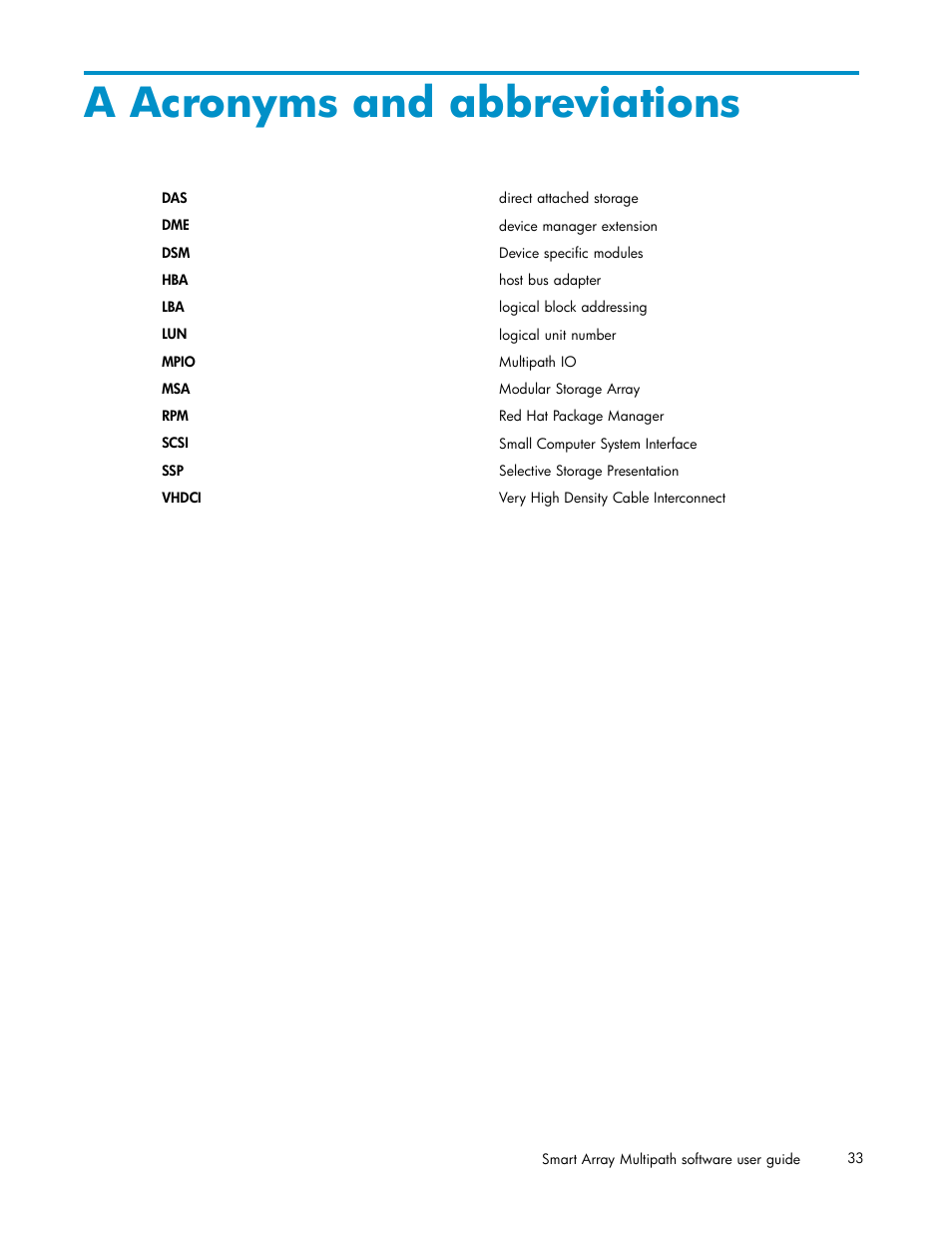 A acronyms and abbreviations | HP StorageWorks 500 G2 Modular Smart Array User Manual | Page 33 / 35