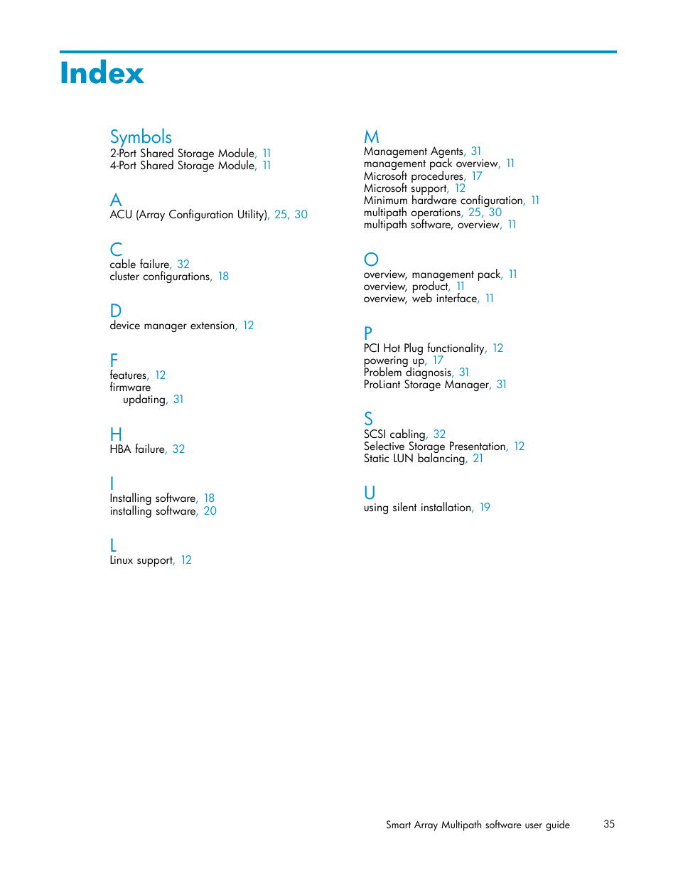 Index, Symbols | HP StorageWorks 500 G2 Modular Smart Array User Manual | Page 35 / 35