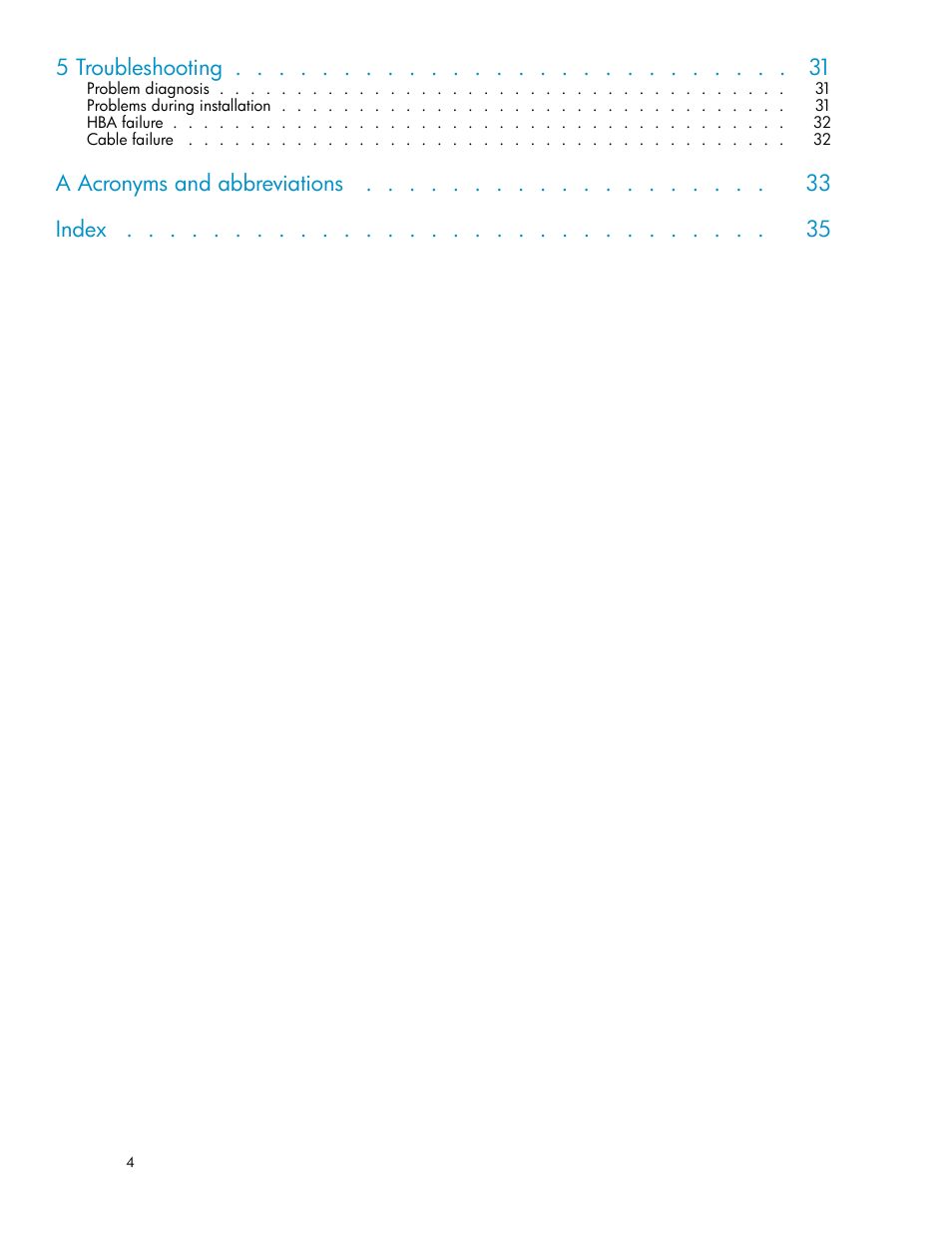 5 troubleshooting, A acronyms and abbreviations index | HP StorageWorks 500 G2 Modular Smart Array User Manual | Page 4 / 35