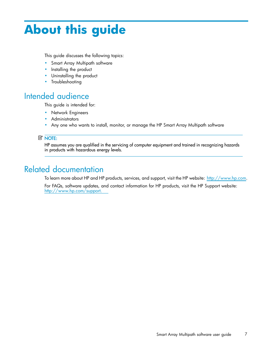 About this guide, Intended audience, Related documentation | HP StorageWorks 500 G2 Modular Smart Array User Manual | Page 7 / 35