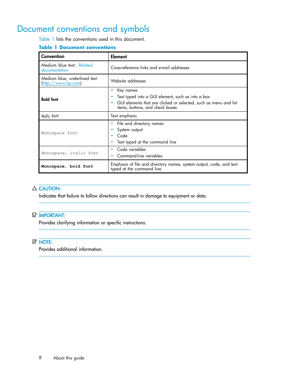 Document conventions and symbols, 1 document conventions | HP StorageWorks 500 G2 Modular Smart Array User Manual | Page 8 / 35