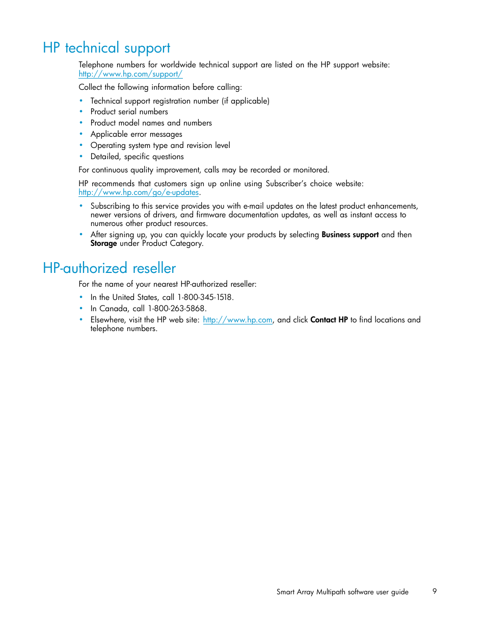 Hp technical support, Hp-authorized reseller | HP StorageWorks 500 G2 Modular Smart Array User Manual | Page 9 / 35