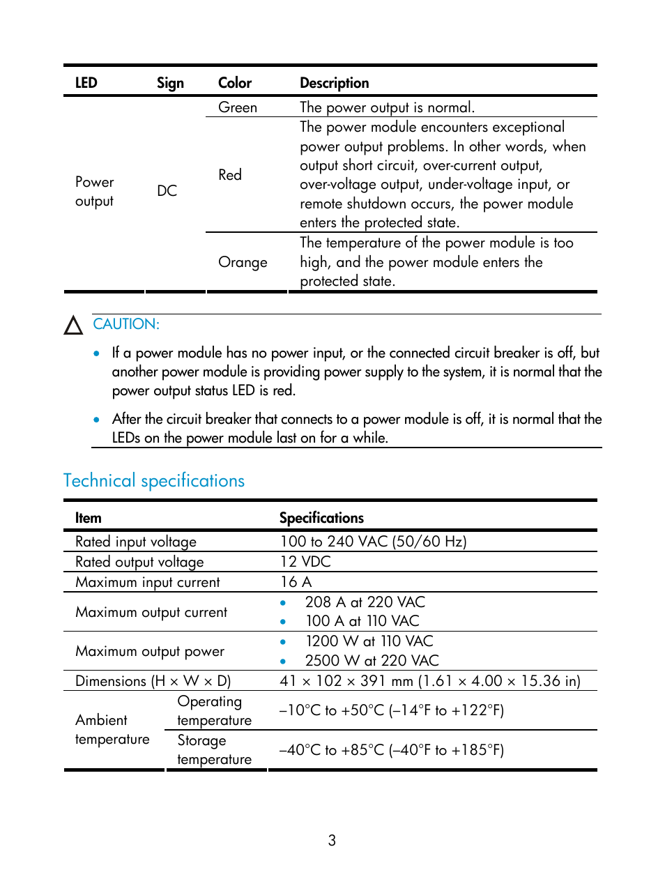 Technical specifications | HP Networking Switch Power Supplies User Manual | Page 3 / 13