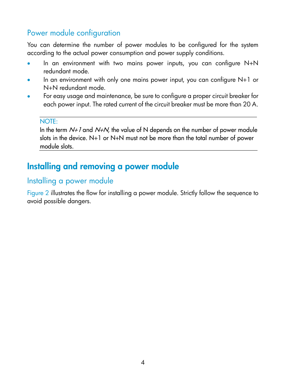 Power module configuration, Installing and removing a power module, Installing a power module | HP Networking Switch Power Supplies User Manual | Page 4 / 13