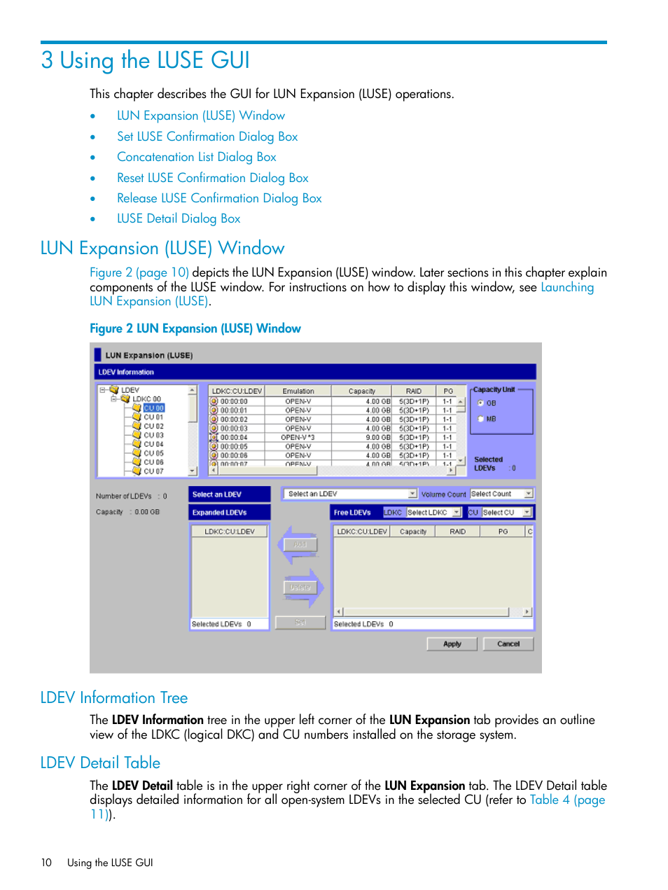 3 using the luse gui, Lun expansion (luse) window, Ldev information tree | Ldev detail table, Ldev information tree ldev detail table | HP XP Array Manager Software User Manual | Page 10 / 43