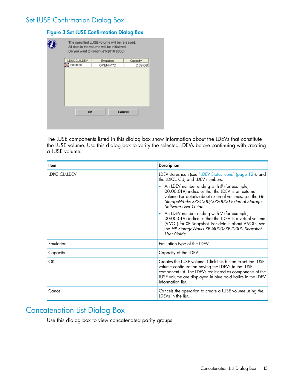 Set luse confirmation dialog box, Concatenation list dialog box | HP XP Array Manager Software User Manual | Page 15 / 43