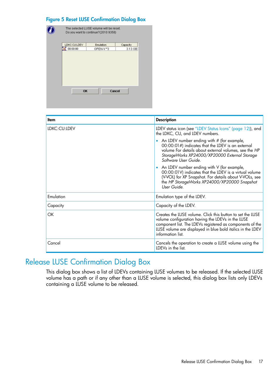 Release luse confirmation dialog box | HP XP Array Manager Software User Manual | Page 17 / 43