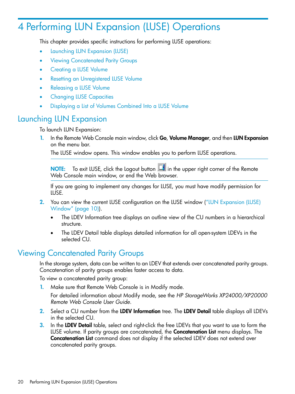 4 performing lun expansion (luse) operations, Launching lun expansion, Viewing concatenated parity groups | Launching, Lun expansion (luse) | HP XP Array Manager Software User Manual | Page 20 / 43