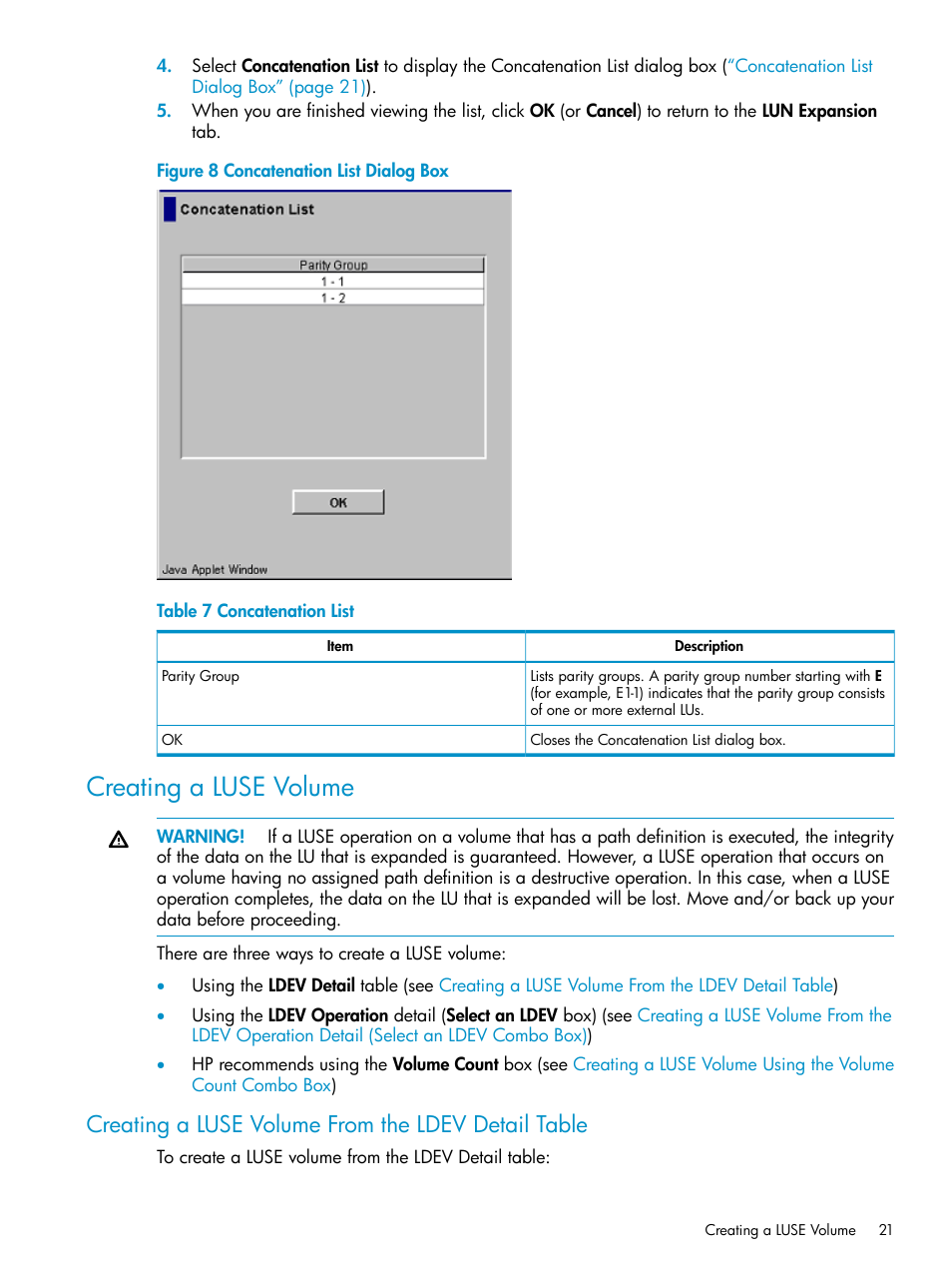 Creating a luse volume, Creating a luse volume from the ldev detail table | HP XP Array Manager Software User Manual | Page 21 / 43