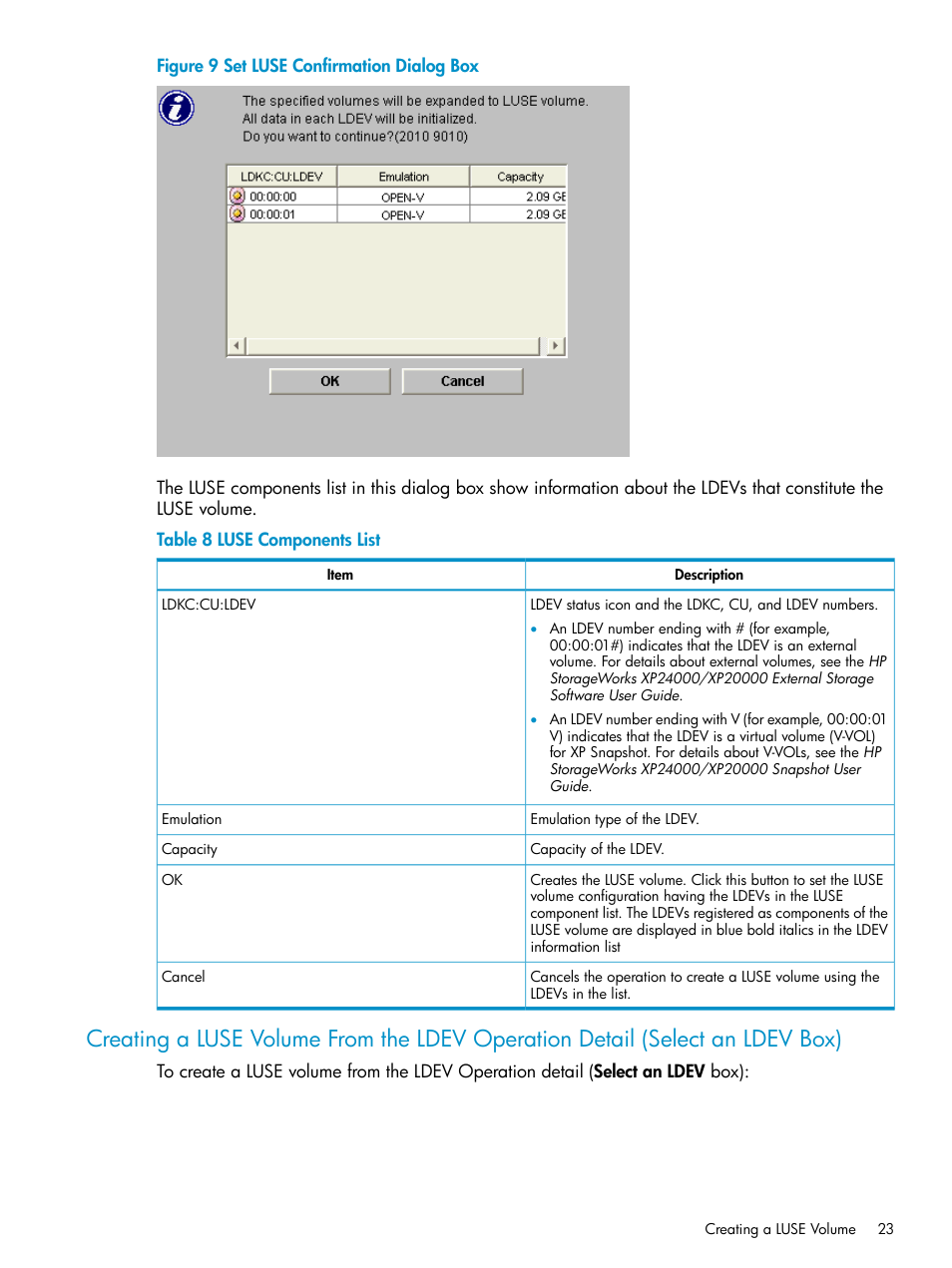 Creating a luse volume from the, Ldev operation detail (select an ldev combo box) | HP XP Array Manager Software User Manual | Page 23 / 43