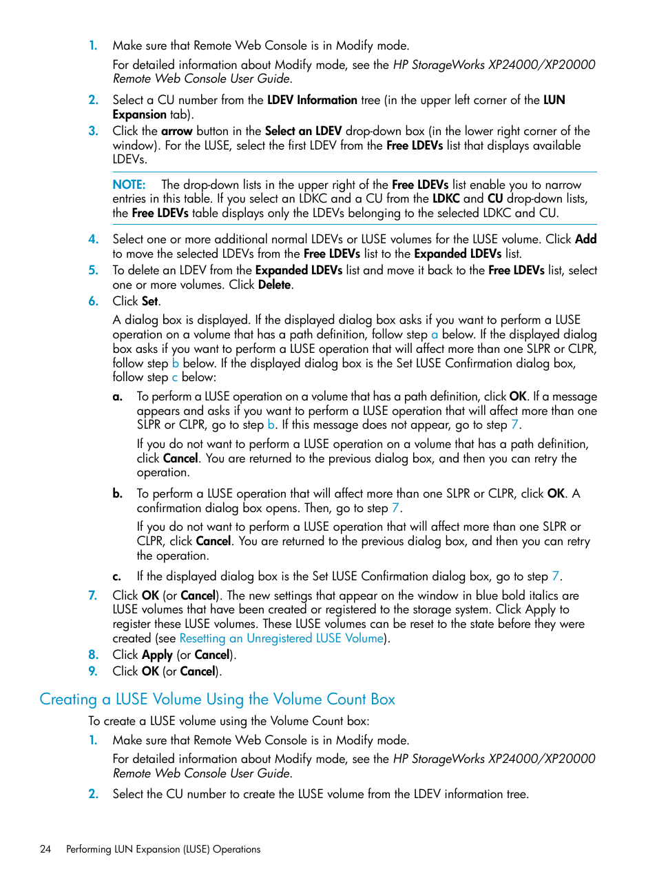 Creating a luse volume using the volume count box, Creating a luse volume using the volume, Count combo box | HP XP Array Manager Software User Manual | Page 24 / 43