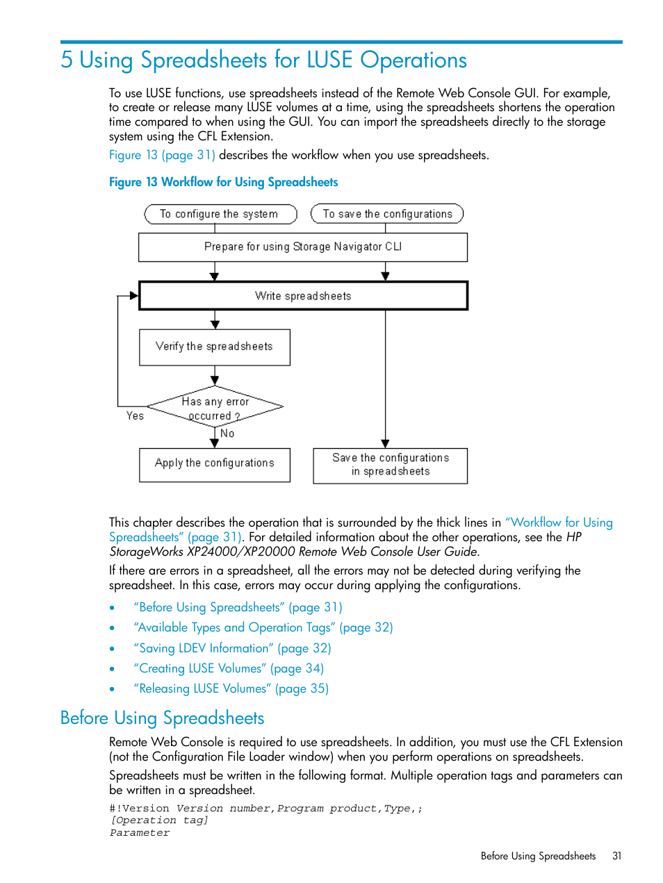 5 using spreadsheets for luse operations, Before using spreadsheets | HP XP Array Manager Software User Manual | Page 31 / 43