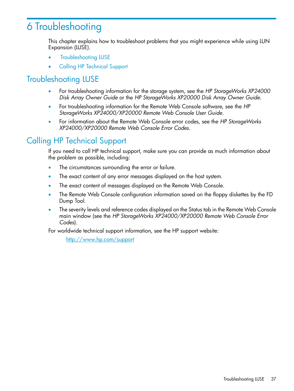 6 troubleshooting, Troubleshooting luse, Calling hp technical support | Troubleshooting luse calling hp technical support, Calling hp technical, Support | HP XP Array Manager Software User Manual | Page 37 / 43