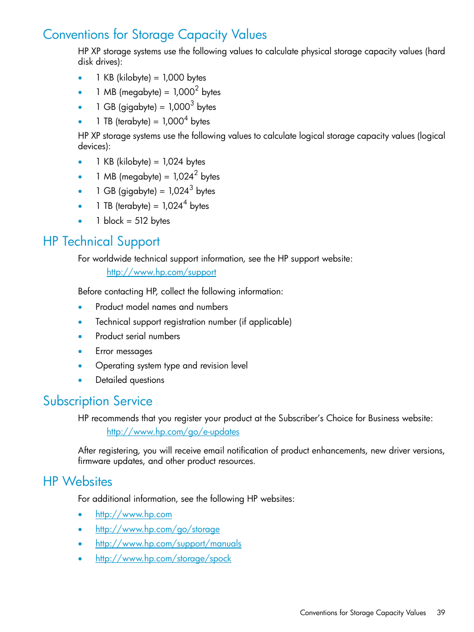 Conventions for storage capacity values, Hp technical support, Subscription service | Hp websites, Subscription service hp websites | HP XP Array Manager Software User Manual | Page 39 / 43