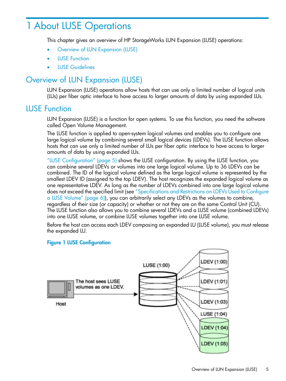 1 about luse operations, Overview of lun expansion (luse), Luse function | Overview of lun expansion (luse) luse function | HP XP Array Manager Software User Manual | Page 5 / 43