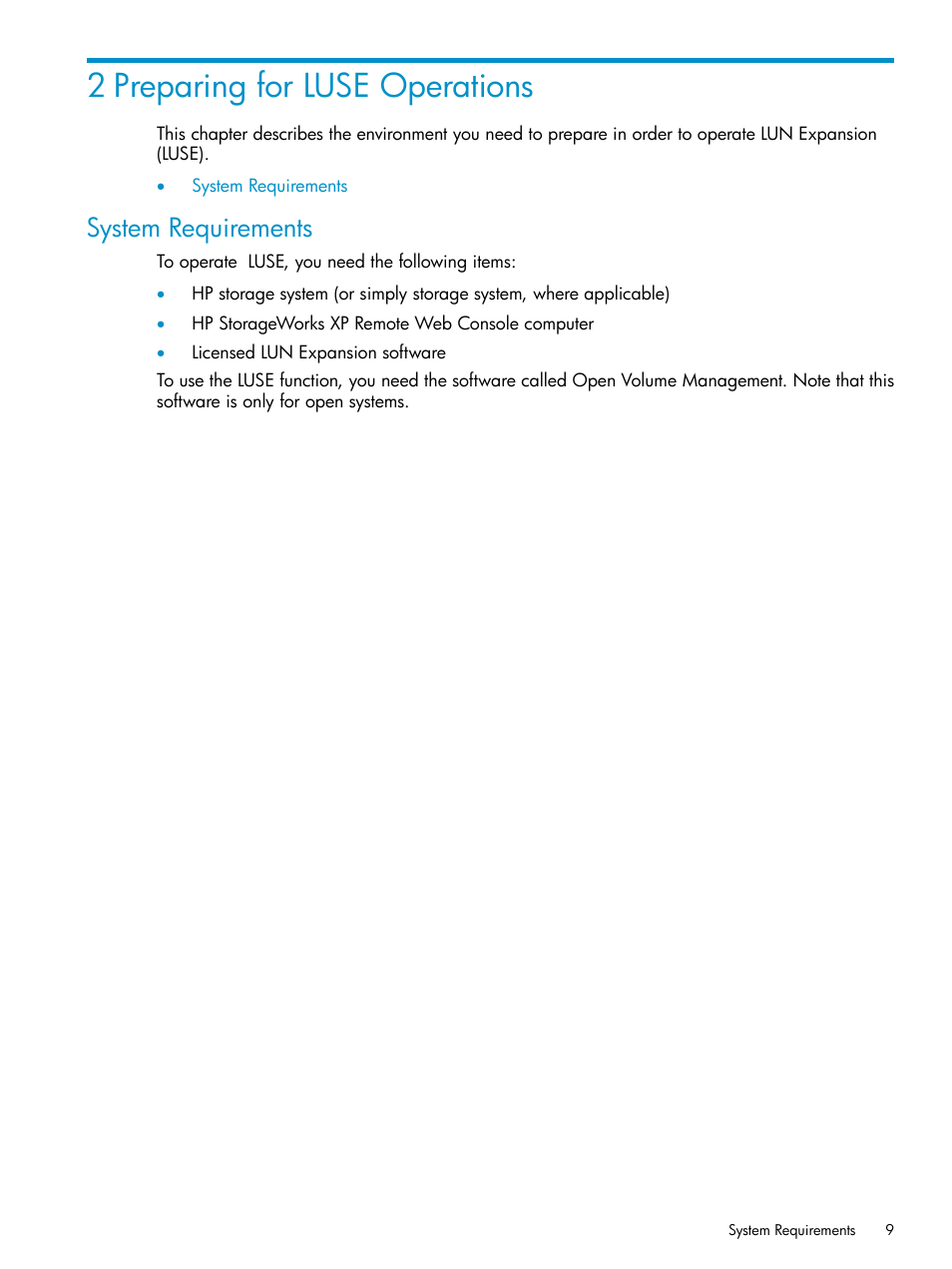 2 preparing for luse operations, System requirements | HP XP Array Manager Software User Manual | Page 9 / 43