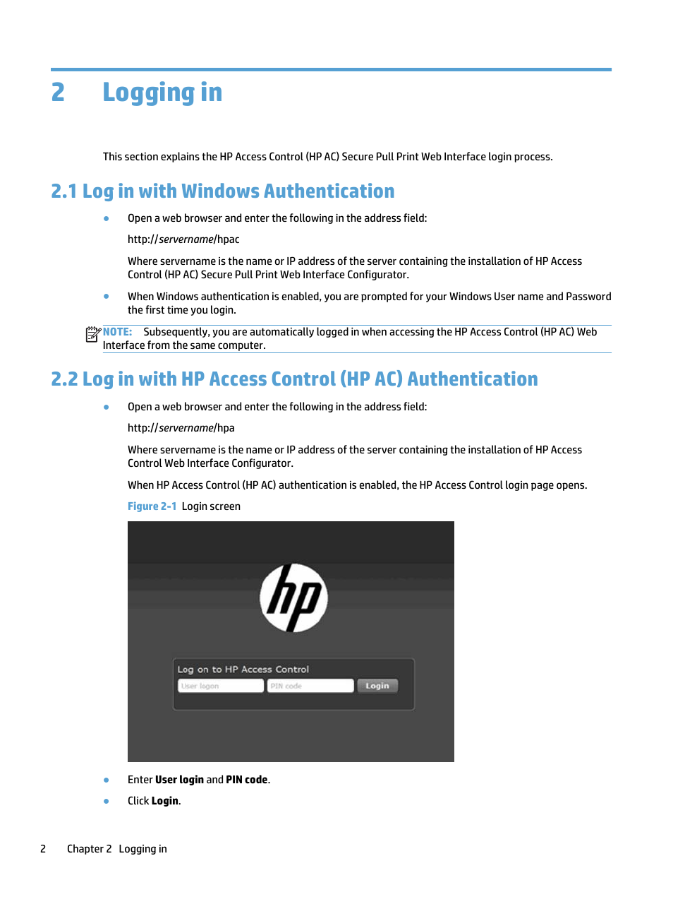 Logging in, Log in with windows authentication, 2 logging in | Figure 2-1 login screen, 2logging in, 1 log in with windows authentication | HP Access Control User Manual | Page 8 / 14