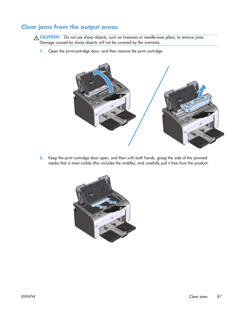 Clear jams from the output areas | HP LASERJET PRO P1102w User Manual | Page 101 / 158