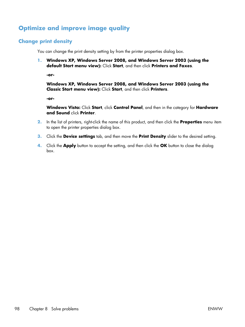 Optimize and improve image quality, Change print density | HP LASERJET PRO P1102w User Manual | Page 112 / 158