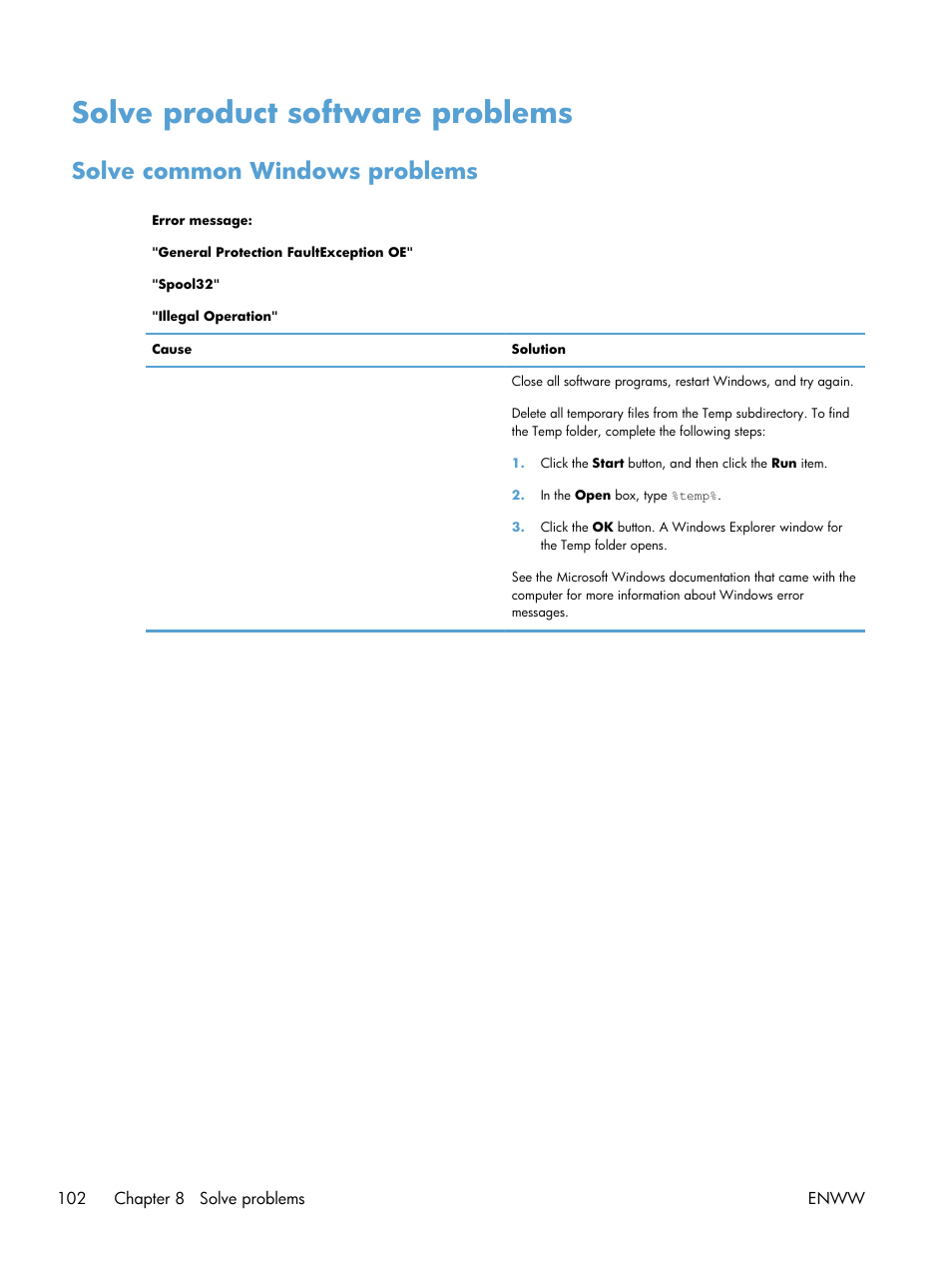 Solve product software problems, Solve common windows problems | HP LASERJET PRO P1102w User Manual | Page 116 / 158