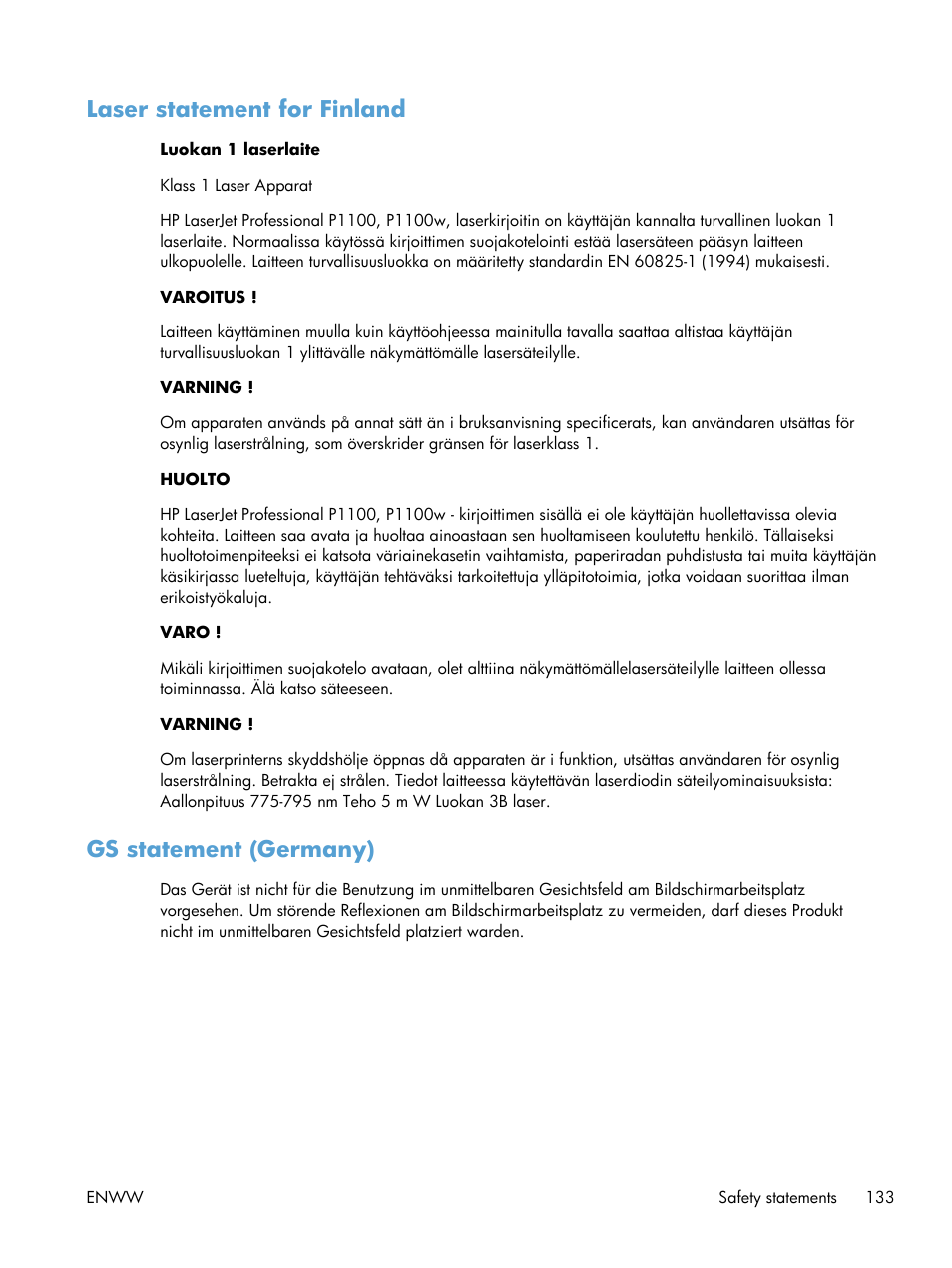 Laser statement for finland, Gs statement (germany), Laser statement for finland gs statement (germany) | HP LASERJET PRO P1102w User Manual | Page 147 / 158