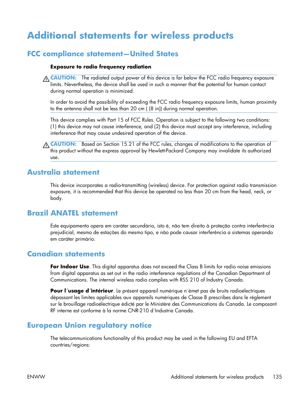 Additional statements for wireless products, Fcc compliance statement—united states, Australia statement | Brazil anatel statement, Canadian statements, European union regulatory notice | HP LASERJET PRO P1102w User Manual | Page 149 / 158